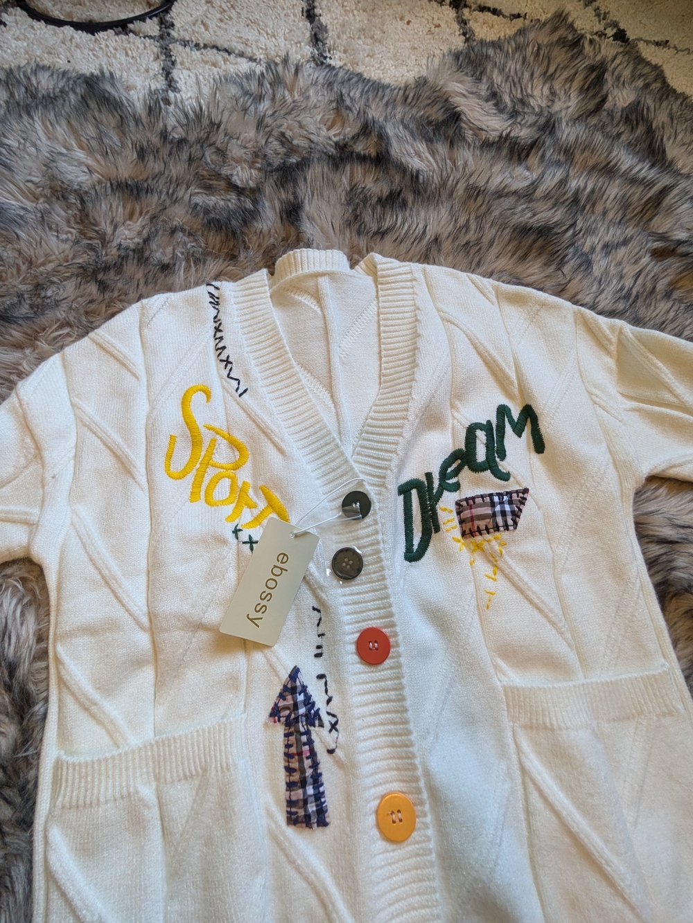 Ebossy Women's Cream Embroidered Cardigan Sweater - Dream & Sport Detail
